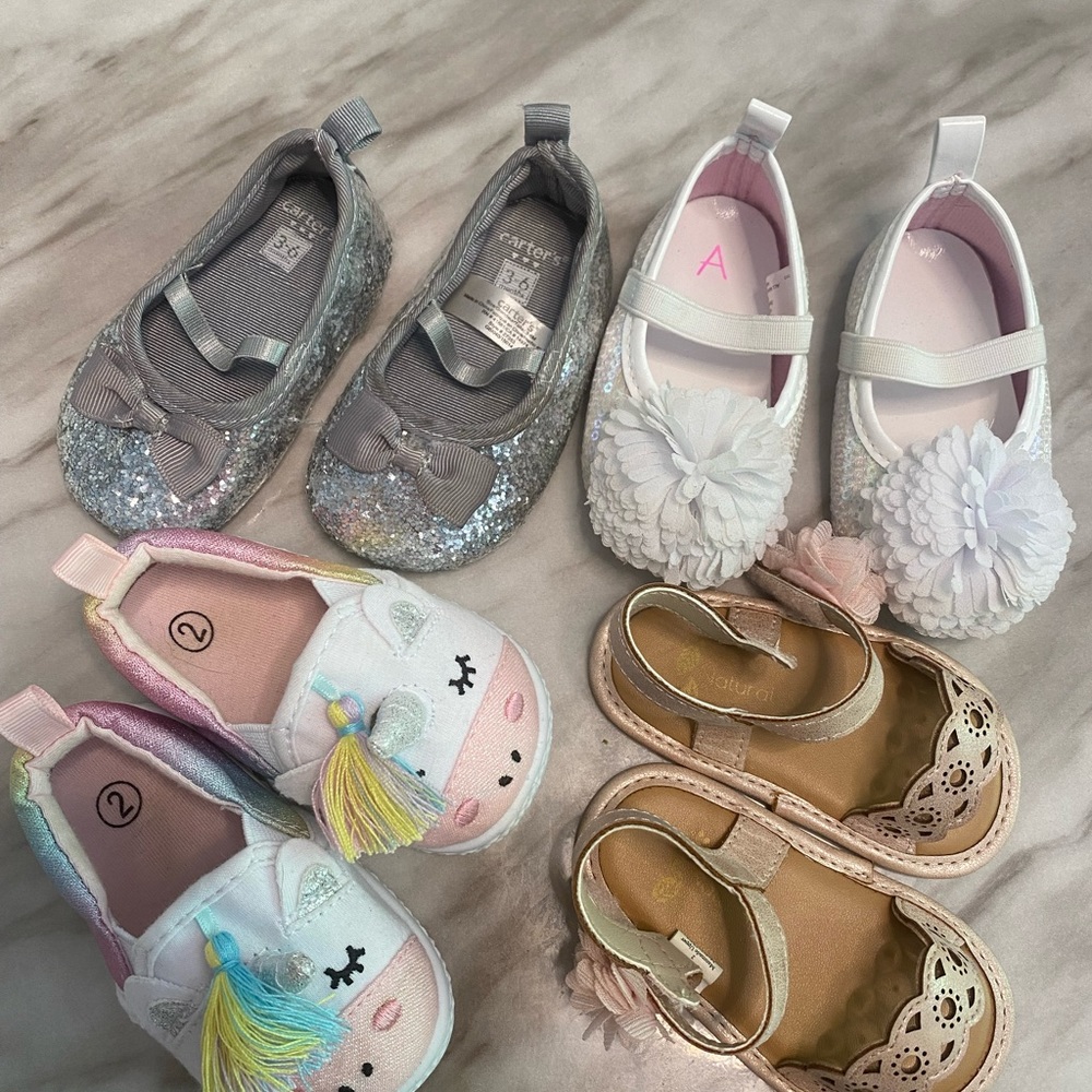 Baby girl shoes/sandals 3-6 mo, 6-9 mo and size 2.